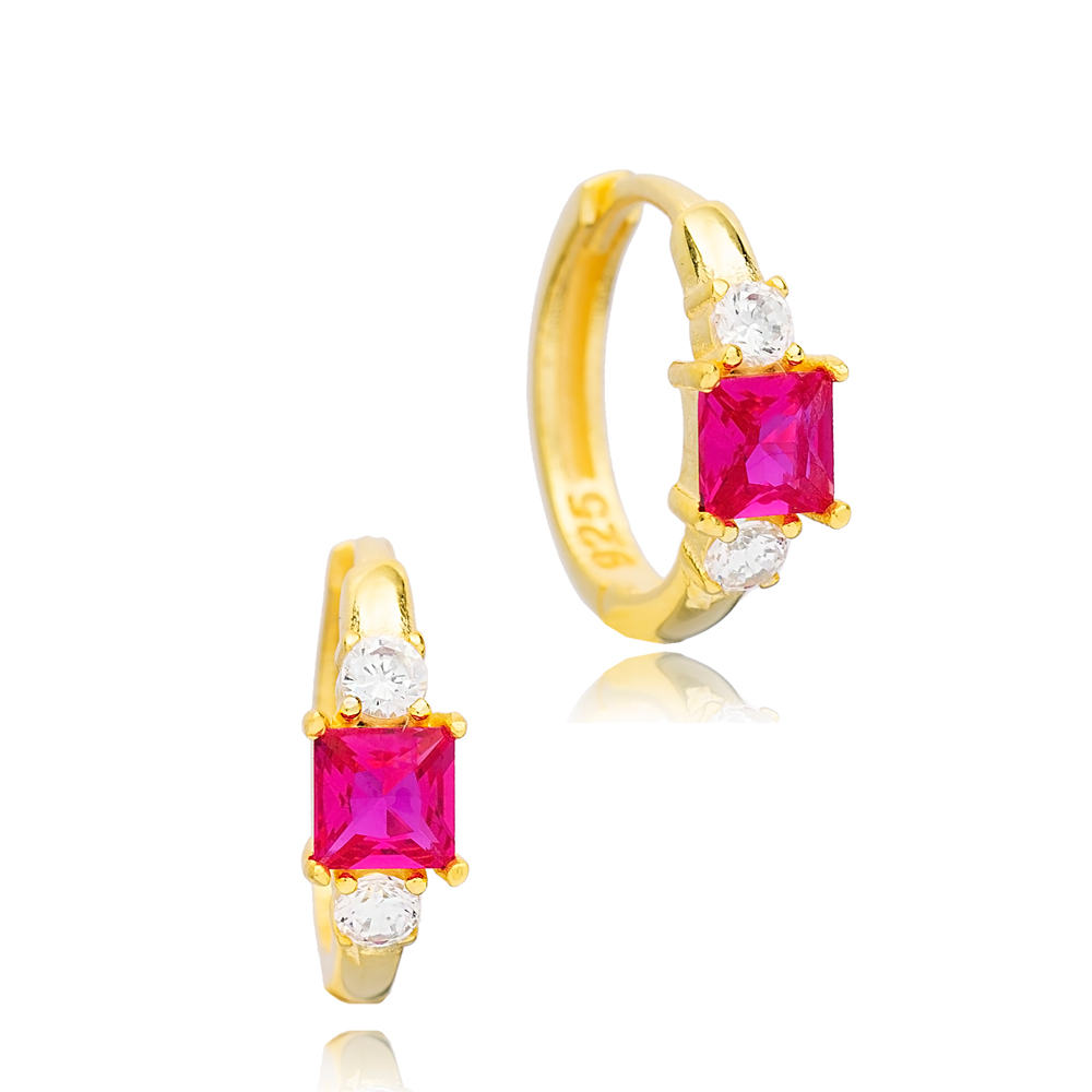 Ruby Square Design 14 mm Hoop Earrings Handcrafted Turkish Theia Wholesale 925 Sterling Silver Jewelry