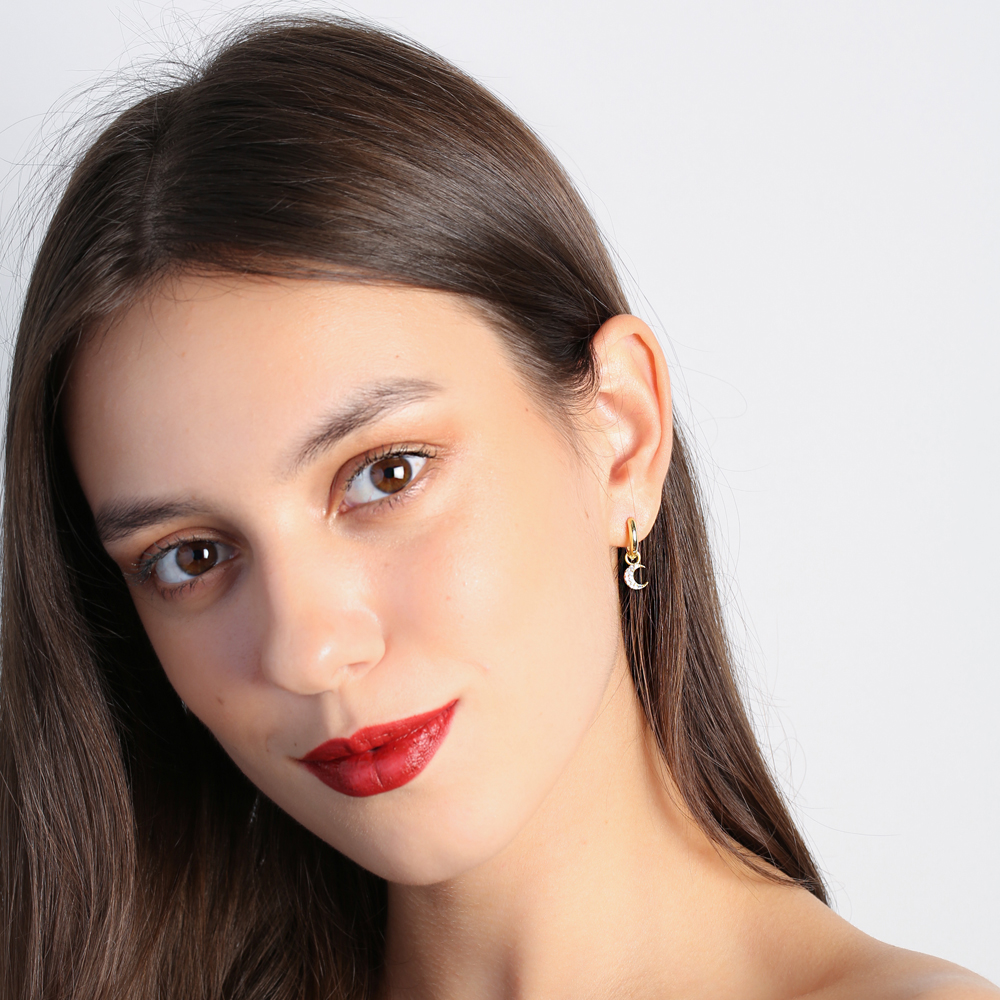 Moon Ø12mm Hoop Dangle Earrings Design Handmade Turkish Wholesale 925 Sterling Silver Jewelry