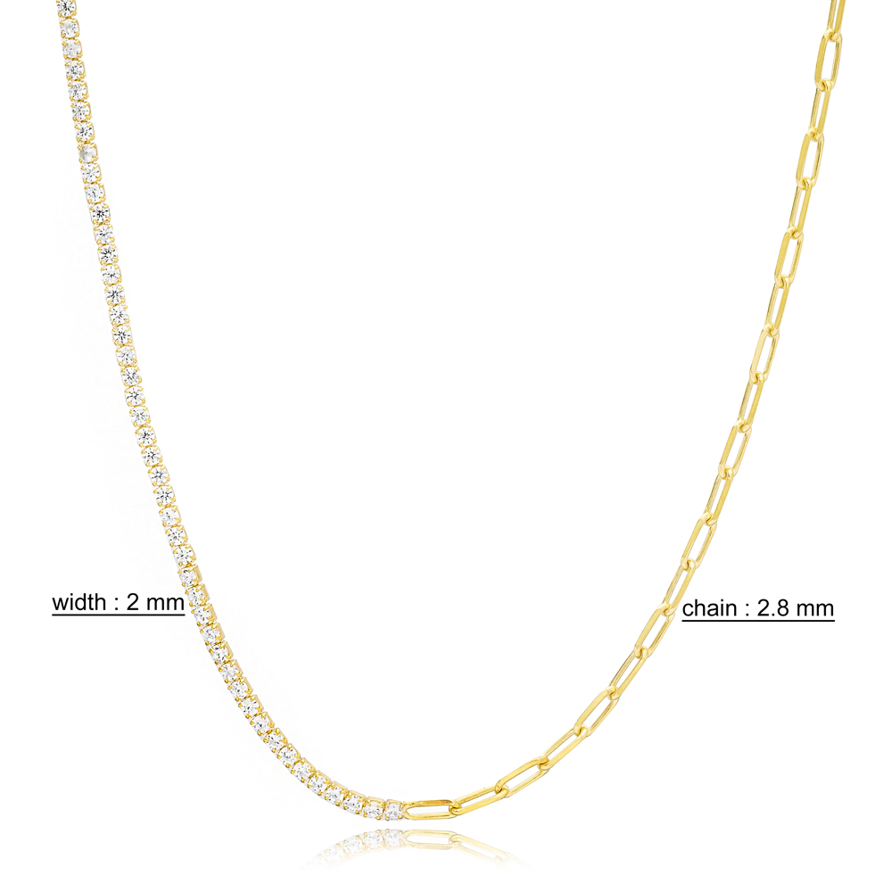 Half Tennis Half Link Chain Side Design Choker Necklace Turkish 925 Sterling Silver Jewelry