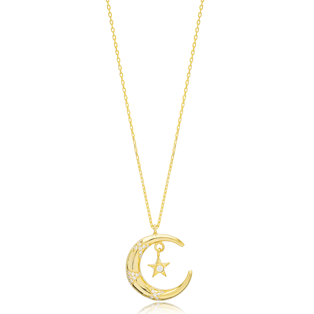 Moon and Star Design Charm Necklace Handmade Turkish 925 Sterling Silver For Woman Jewelry