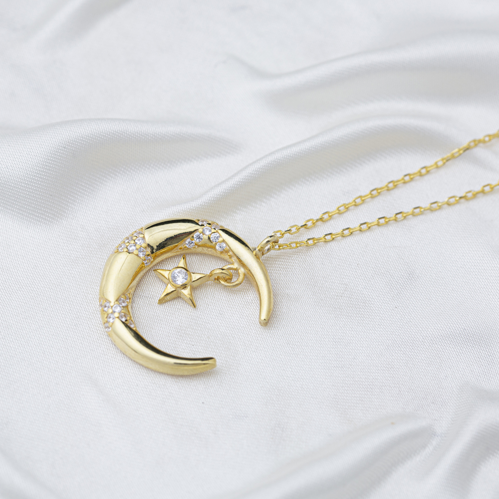 Moon and Star Design Charm Necklace Handmade Turkish 925 Sterling Silver For Woman Jewelry