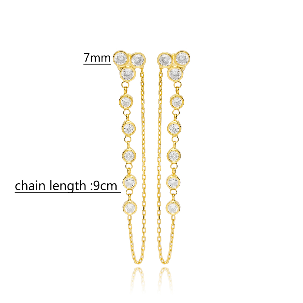 9mm Chain Round Zircon Stone Design Handcrafted Turkish Wholesale 925 Sterling Silver Stud Earrings Jewelry