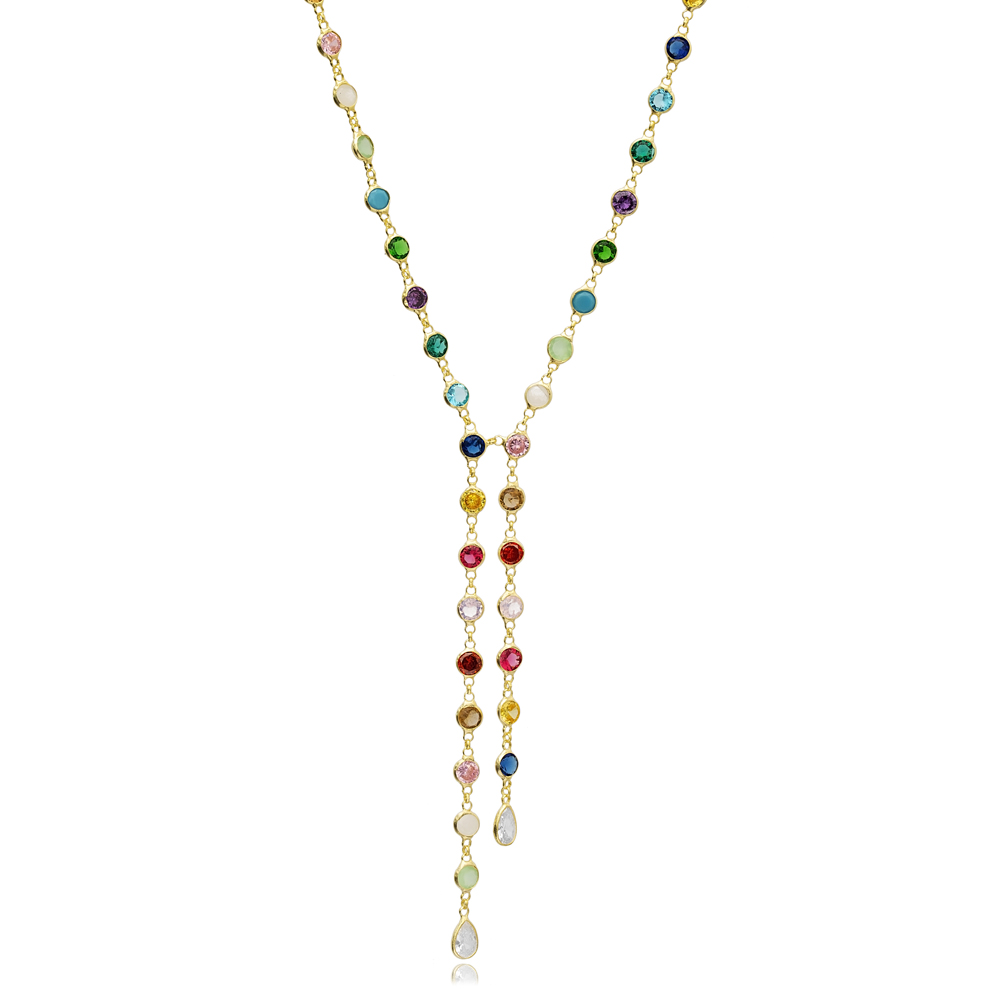 Rainbow Mix Stone Y Design Necklace Pendant Wholesale 925 Sterling Silver For Ladies Jewelry