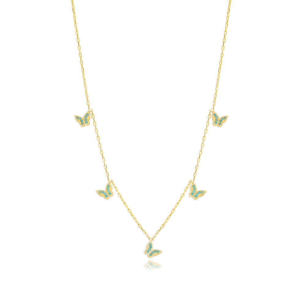 Dainty Butterfly Charm Aquamarine Stone Shaker Necklace Turkish Wholesale 925 Sterling Silver Jewelry