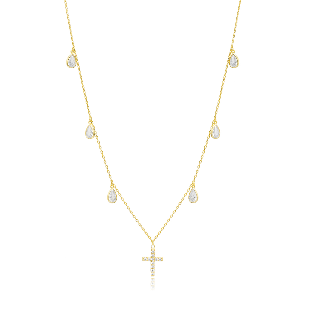 Cross and Drop Shape Charm Zircon Stone Shaker Necklace Turkish Wholesale 925 Sterling Silver Jewelry