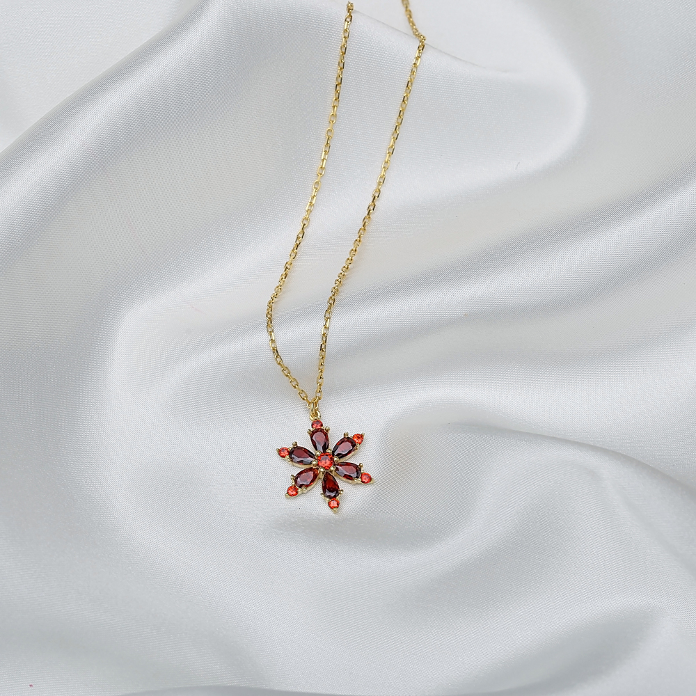 Dainty Flower Shape Garnet Stone Charm Necklace Handmade Turkish 925 Sterling Silver For Ladies Jewelry