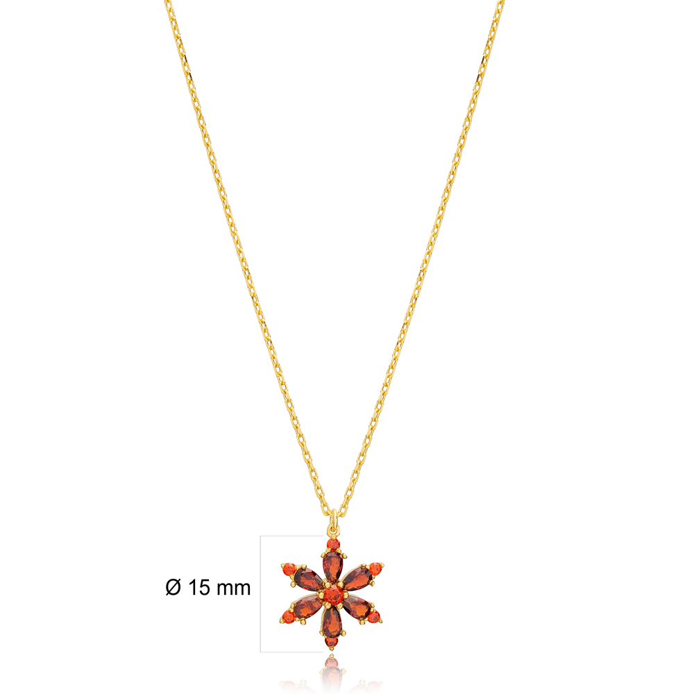 Dainty Flower Shape Garnet Stone Charm Necklace Handmade Turkish 925 Sterling Silver For Ladies Jewelry