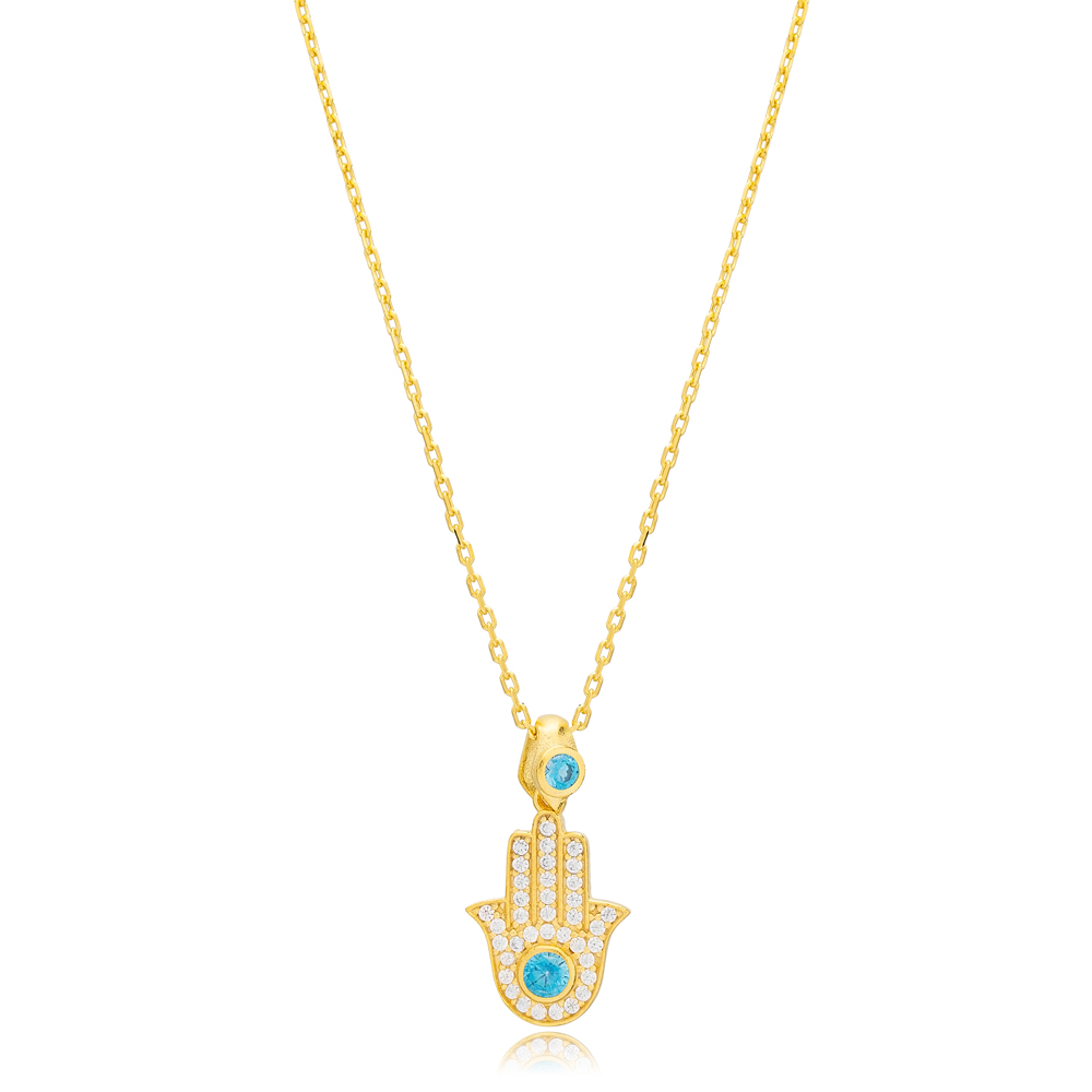 Aqumarine Hamsa Charm Necklace Handmade Turkish 925 Sterling Silver Jewelry