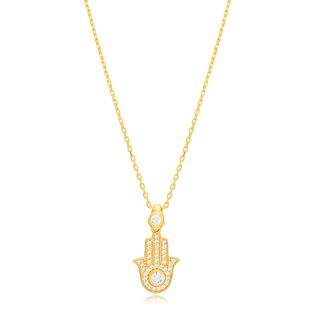 High Quality Hamsa Zircon Stone Charm Necklace Handmade Turkish 925 Sterling Silver Jewelry