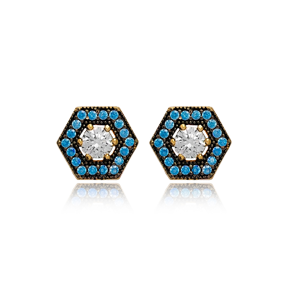 Hexagonal Aquamarine Mix Stone Stud Earrings Turkish Wholesale 925 Sterling Silver Jewelry