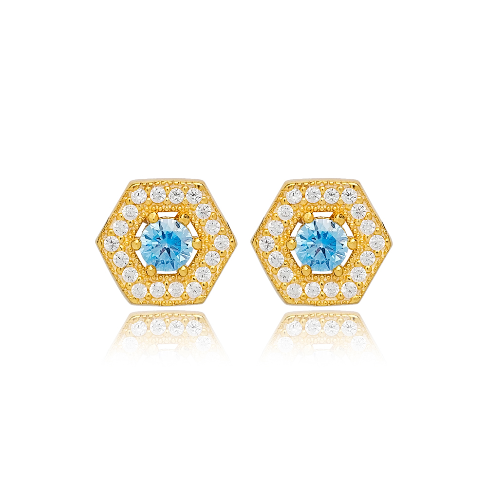 Dainty Hexagon Aquamarine Stone Stud Earrings Turkish Wholesale 925 Sterling Silver Jewelry