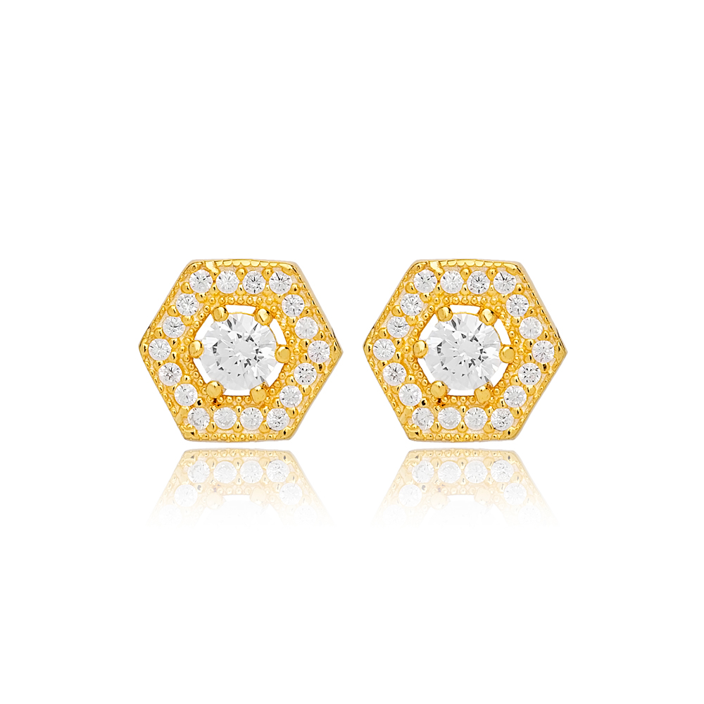 White Stone Hexagon Shape Stud Earrings Turkish Wholesale 925 Sterling Silver Jewelry