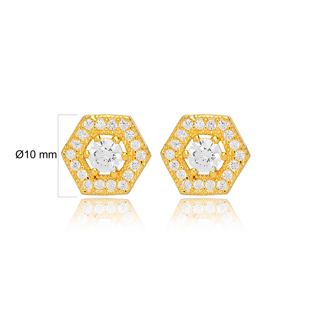White Stone Hexagon Shape Stud Earrings Turkish Wholesale 925 Sterling Silver Jewelry