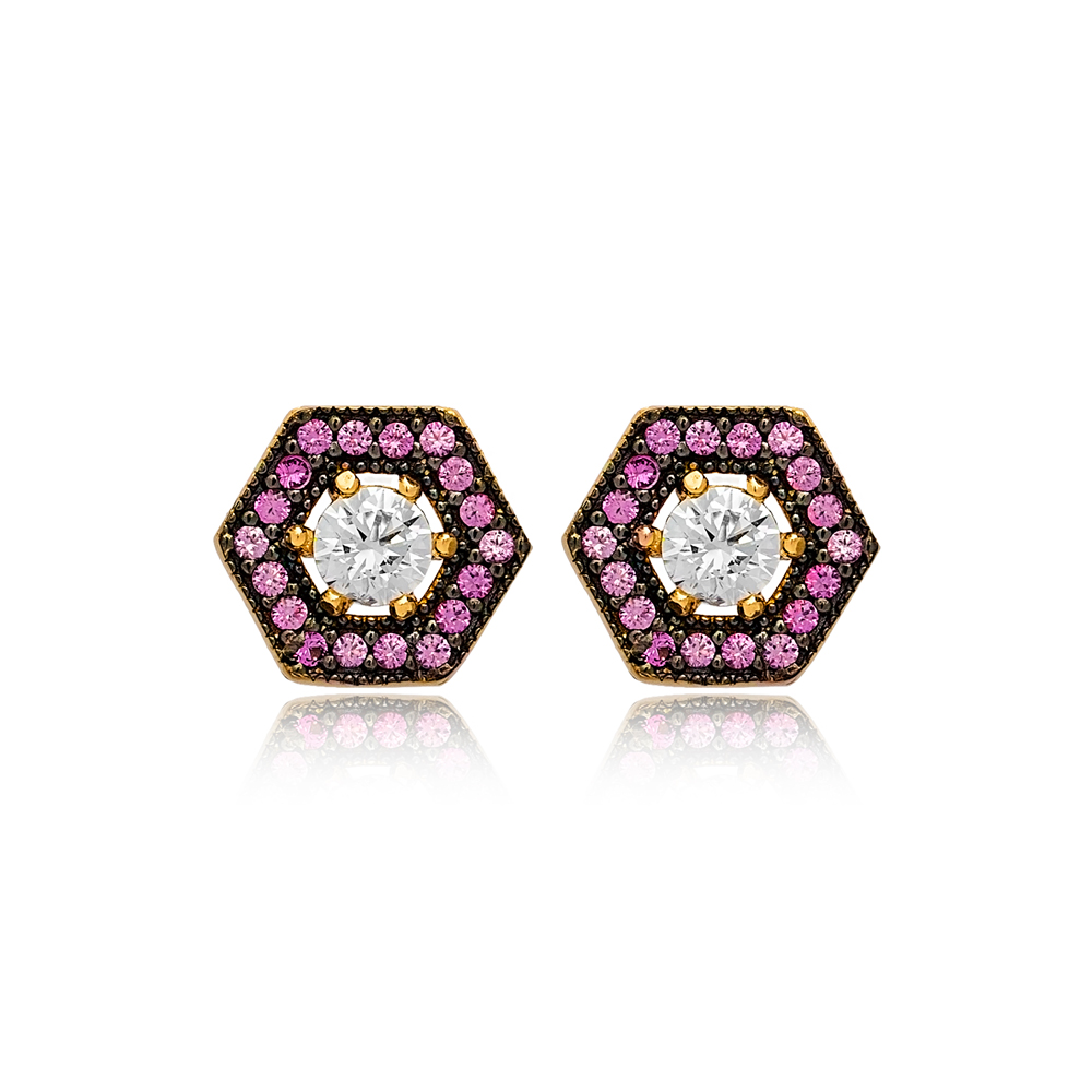 Hexagon Amethyst Mix Stone Stud Earrings Turkish Wholesale 925 Sterling Silver Jewelry