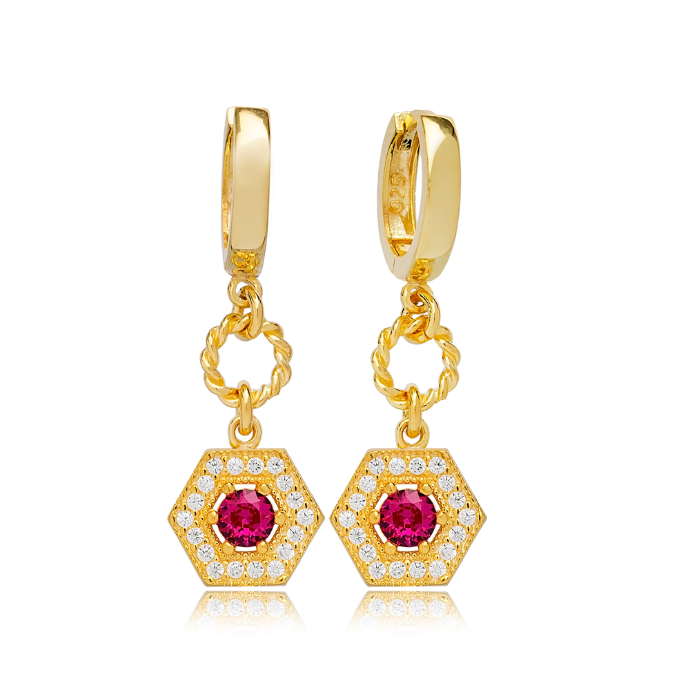 Ruby Hexagon Shape Dangle Earrings Turkish Wholesale 925 Sterling Silver For Woman Jewelry