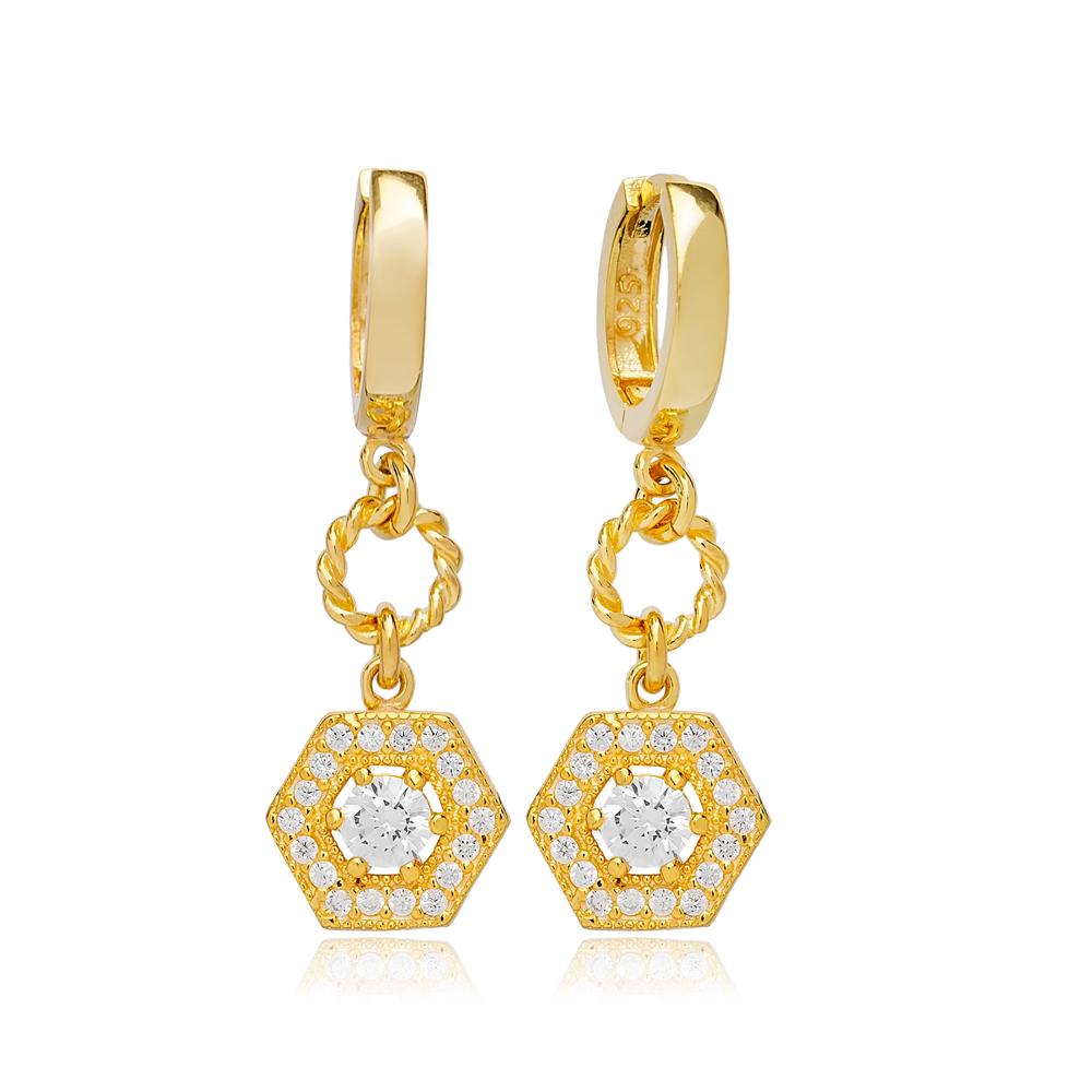 Elegant Hexagon Shape White Zircon Dangle Earrings Turkish Wholesale 925 Sterling Silver Jewelry