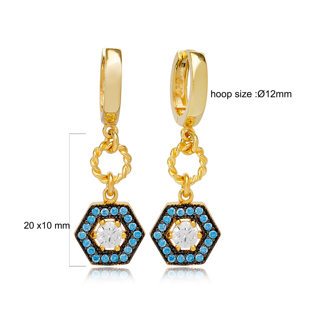 Geometric Hexagonal Design Aquamarine Detailed Dangle Earrings Turkish Wholesale 925 Sterling Silver Jewelry