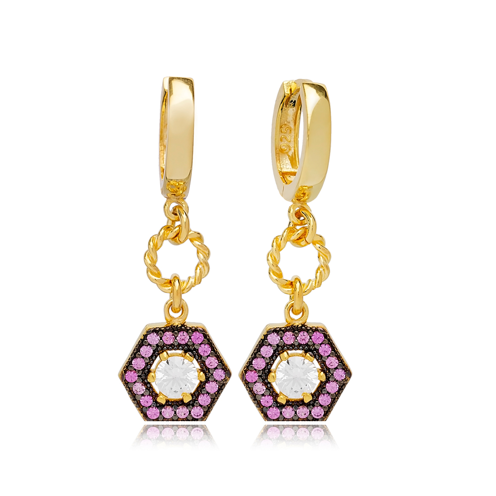 Stylish Amethyst Hexagon Shape Dangle Earrings Turkish Wholesale 925 Sterling Silver Jewelry