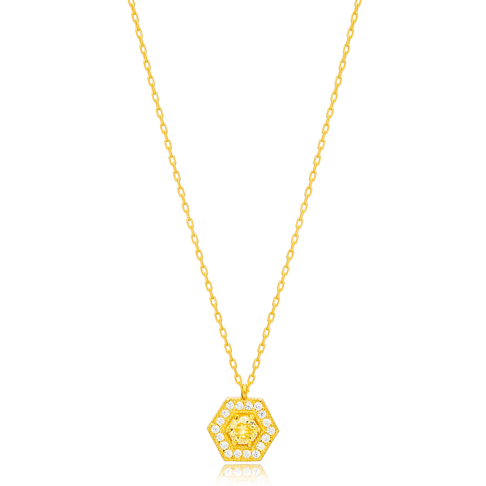 Glamorous Citrine Hexagon Charm Necklace Handmade Wholesale Turkish 925 Sterling Silver Jewelry