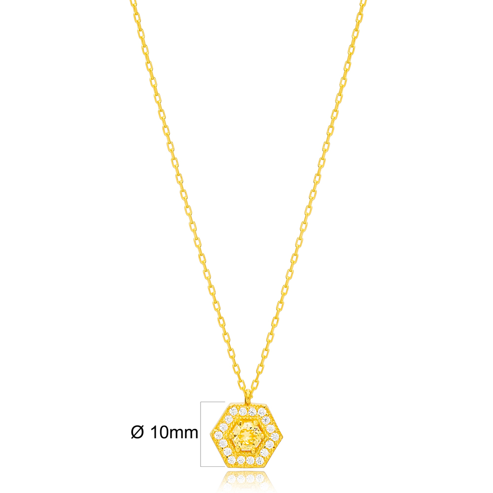 Glamorous Citrine Hexagon Handmade Wholesale Turkish 925 Sterling Silver Charm Necklace Jewelry
