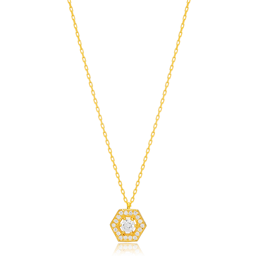 Geometric Hexagonal Zirconia Charm Necklace Handmade Wholesale Turkish 925 Sterling Silver Jewelry
