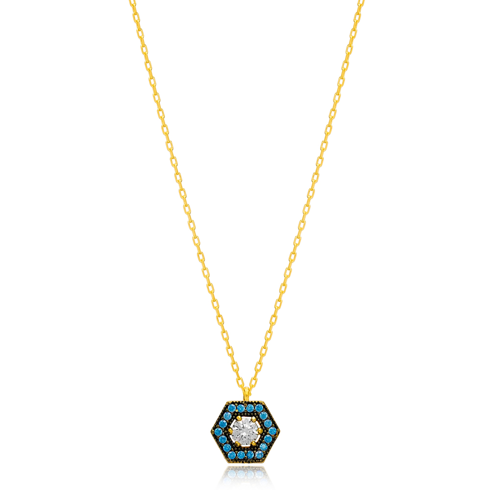 High Quality Hexagon Aquamarine Handmade Wholesale Turkish 925 Sterling Silver Charm Necklace Jewelry