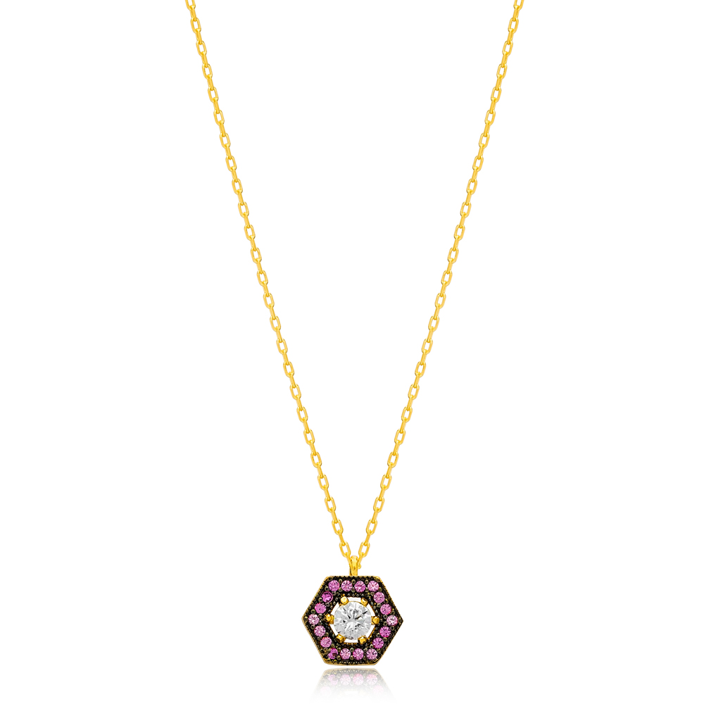New Amethyst Hexagon Handmade Wholesale Turkish 925 Sterling Silver Charm Necklace Jewelry