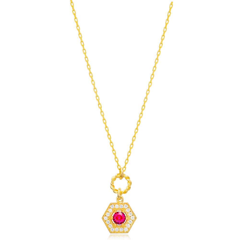 Stylish Ruby Stone Hexagon Hollow Chain Charm Necklace Wholesale Turkish 925 Sterling Silver Jewelry