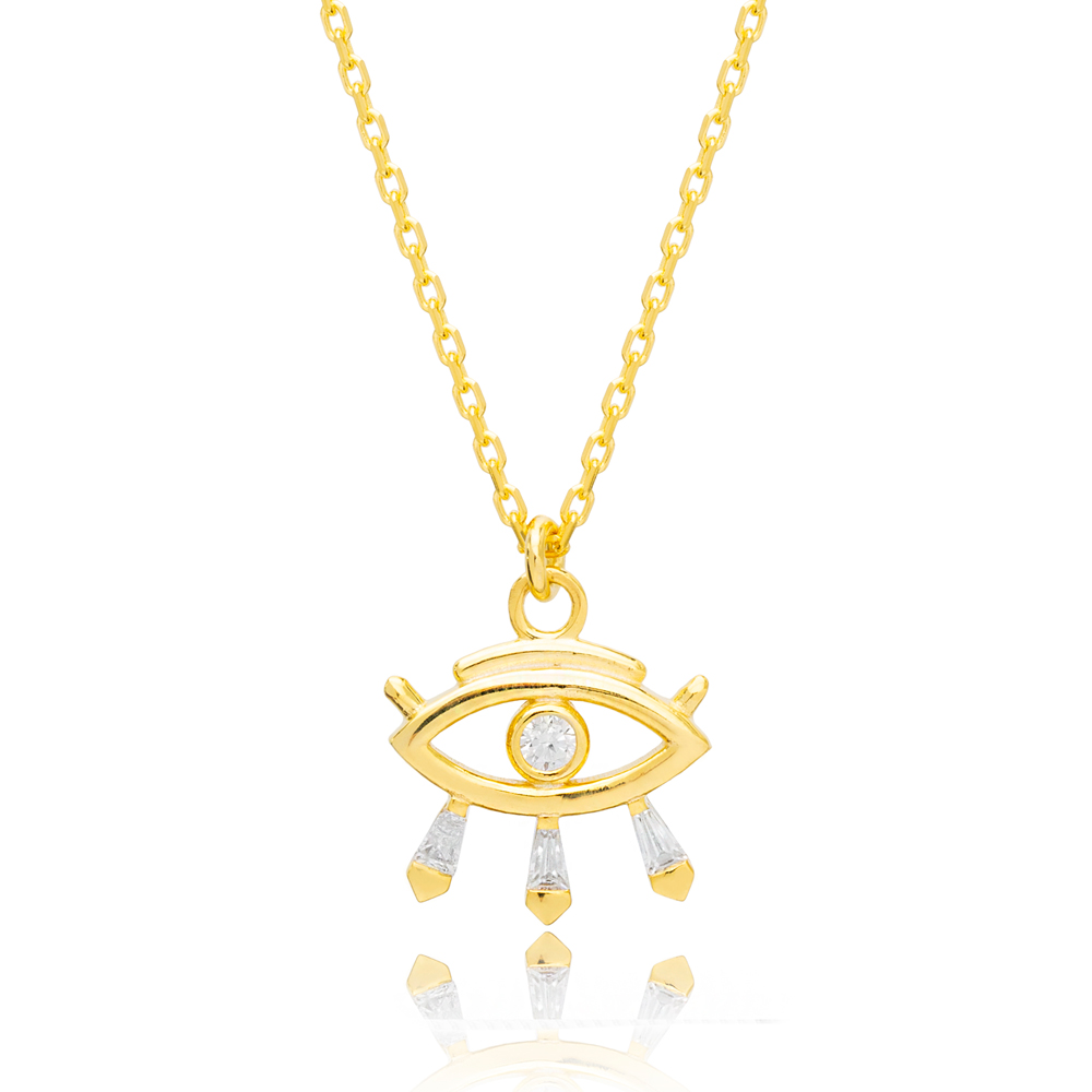 Three Tapered Baguette Evil Eye Design Charm Necklace Wholesale Turkish 925 Sterling Silver Jewelry