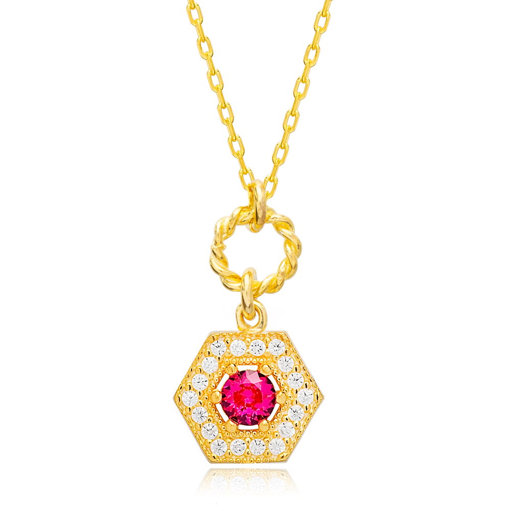 Stylish Ruby Stone Hexagon Hollow Chain Charm Necklace Wholesale Turkish 925 Sterling Silver Jewelry