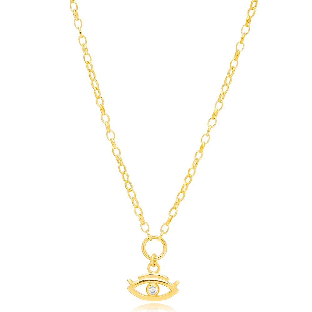 Zirconia Stone Evil Eye Shape Hollow Link Chain Charm Necklace Wholesale 925 Sterling Silver Jewelry