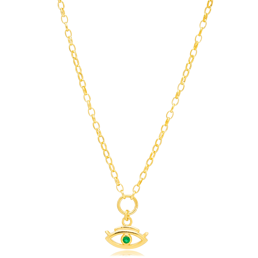 Emerald Stone Evil Eye Shape Hollow Link Chain Charm Necklace Wholesale 925 Sterling Silver Jewelry