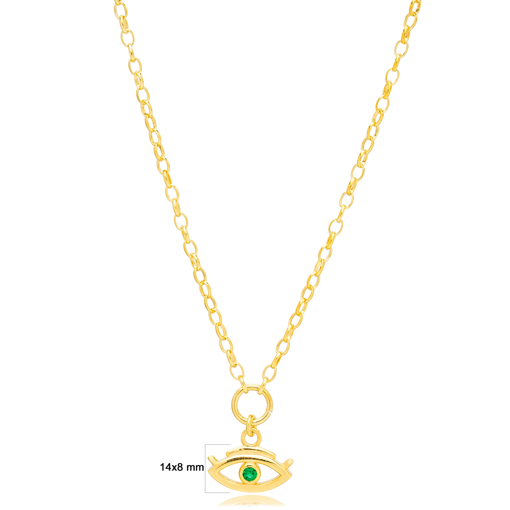 Emerald Stone Evil Eye Shape Hollow Link Chain Charm Necklace Wholesale 925 Sterling Silver Jewelry