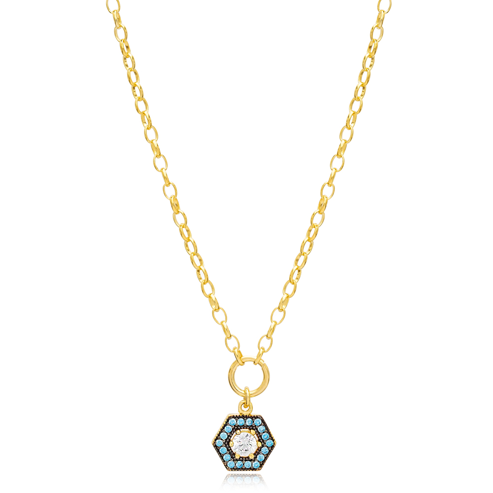 Aquamarine and Zirconia Stone Hexagon Charm Necklace Wholesale 925 Sterling Silver Jewelry