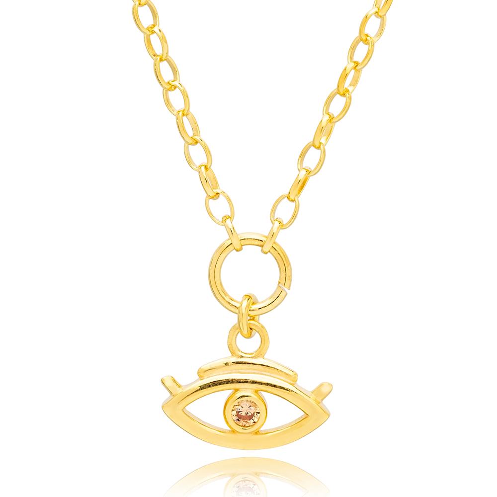 Citrine Stone Evil Eye Shape Hollow Link Chain Charm Necklace Wholesale 925 Sterling Silver Jewelry