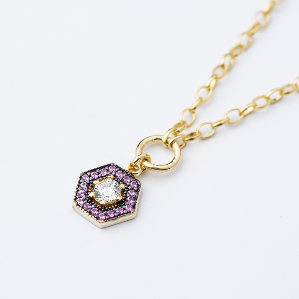 Hollow Link Chain Amethyst Hexagon Charm Necklace Wholesale 925 Sterling Silver Jewelry
