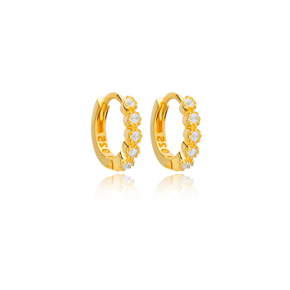 Elegant  12mm Zircon Stone Detailed Hoop Earrings Turkish Wholesale 925 Sterling Silver Jewelry