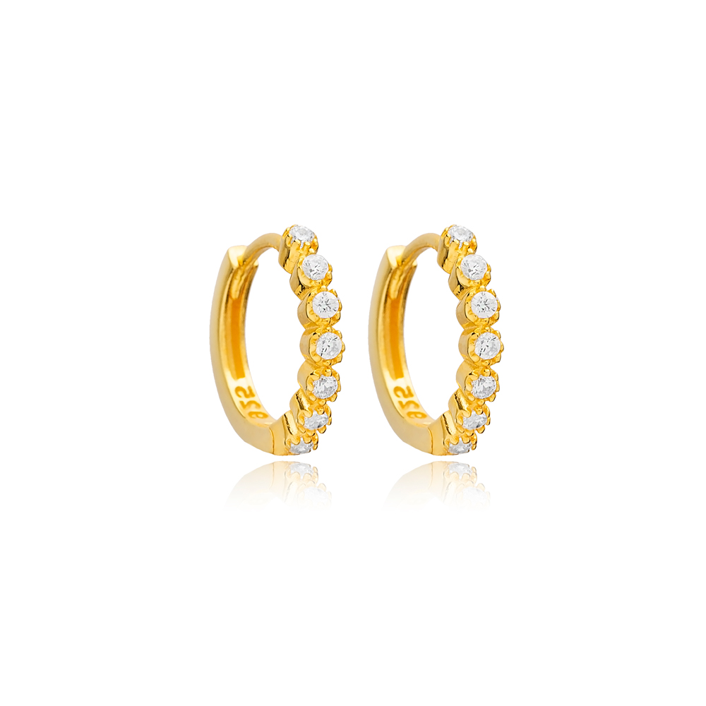 Fine 14 mm Zircon Stone Detailed Hoop Earrings Turkish Wholesale 925 Sterling Silver Jewelry