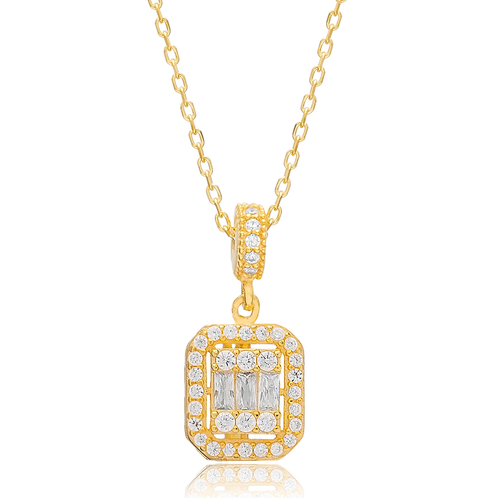 Rectangle Mix Cut Zircon Stone Charm Necklace Wholesale 925 Sterling Silver Jewelry