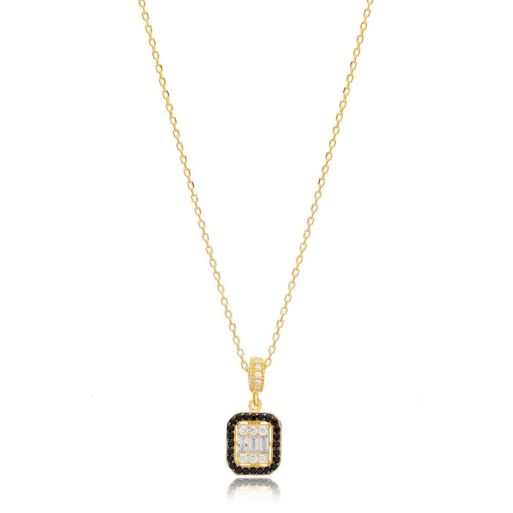 Black Stone Detailed Rectangle Zircon Stone Charm Necklace Wholesale 925 Sterling Silver Jewelry