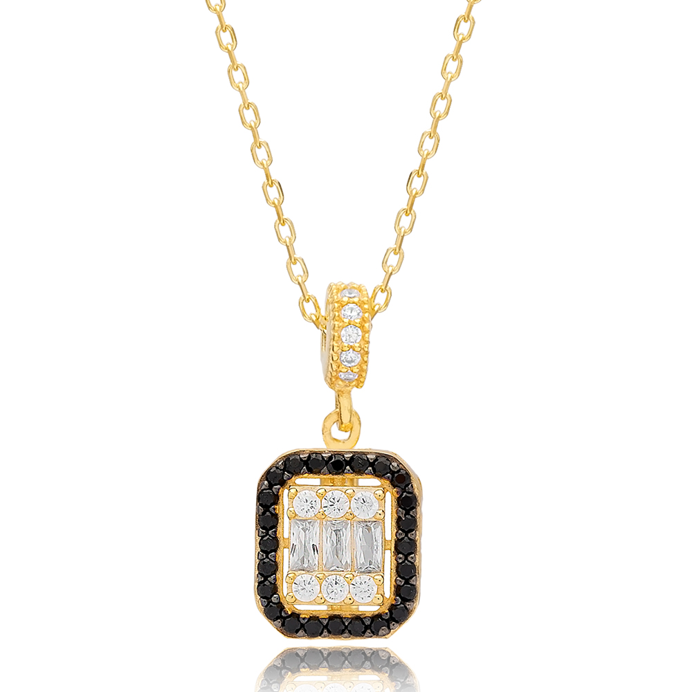 Black Stone Detailed Rectangle Zircon Stone Charm Necklace Wholesale 925 Sterling Silver Jewelry