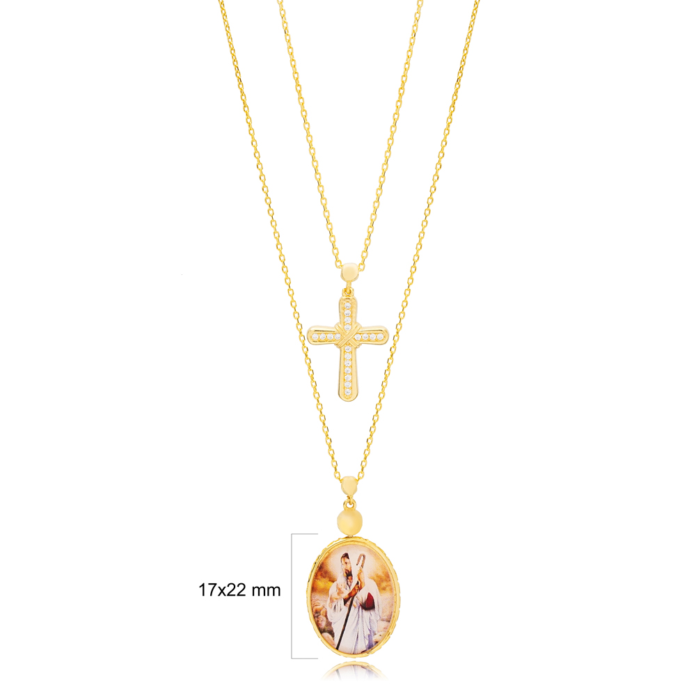Jesus Epoxy Plated Double Side Charm Cross Layered Necklace Turkish Wholesale 925 Sterling Silver Jewelry