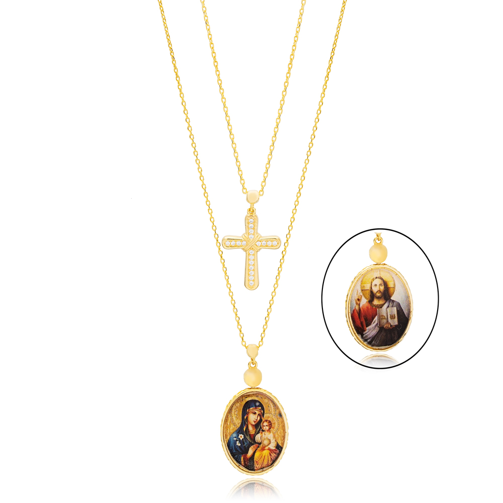 Mary Jesus Baby Jesus Epoxy Double Side Charm Cross Layered Necklace Turkish Wholesale 925 Sterling Silver Jewelry