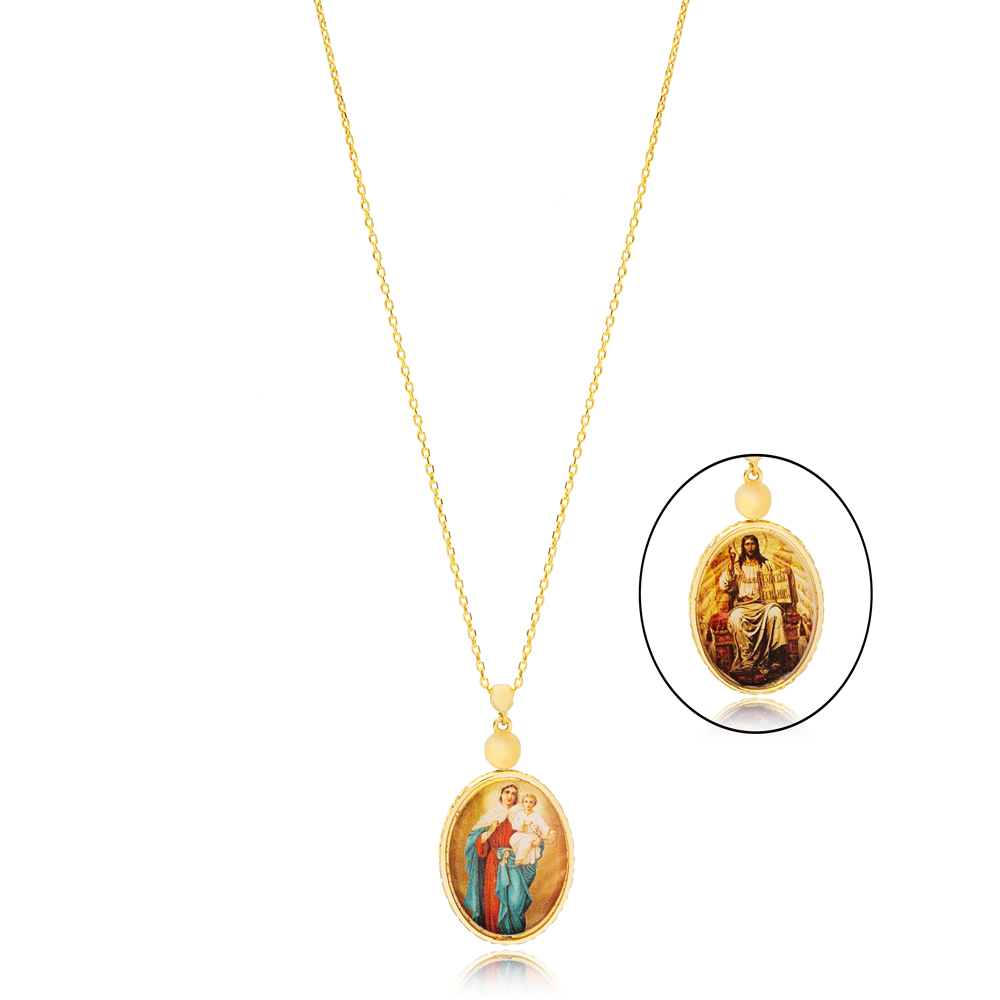 Religious Design Jesus and Mother Mary Double Sided Charm Necklace Wholesale 925 Sterling Silver Jewelry