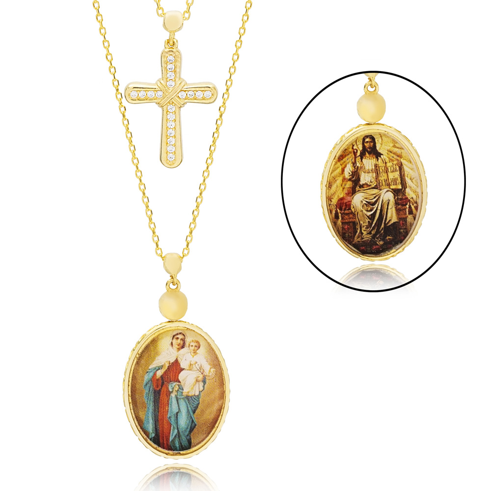 Mother Mary and Jesus Two Sided Christian Charm Turkish Wholesale 925 Sterling Silver Layered Necklace
