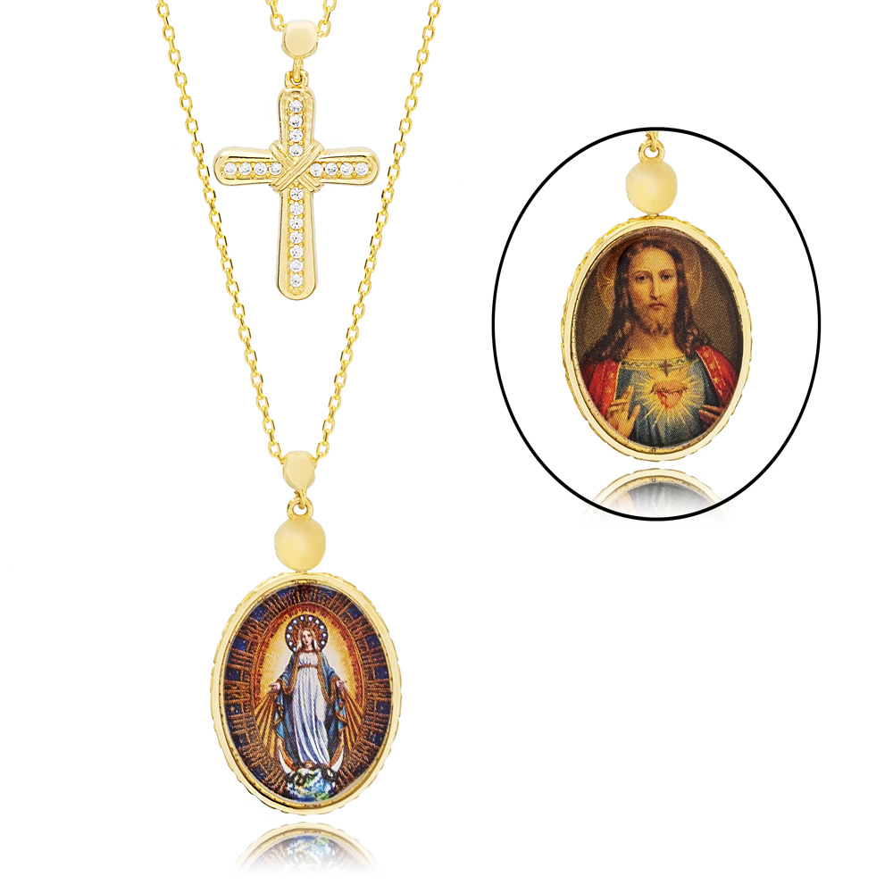 Mother of Jesus Two Sided Epoxy Plated Charm Turkish Wholesale 925 Sterling Silver Layered Necklace
