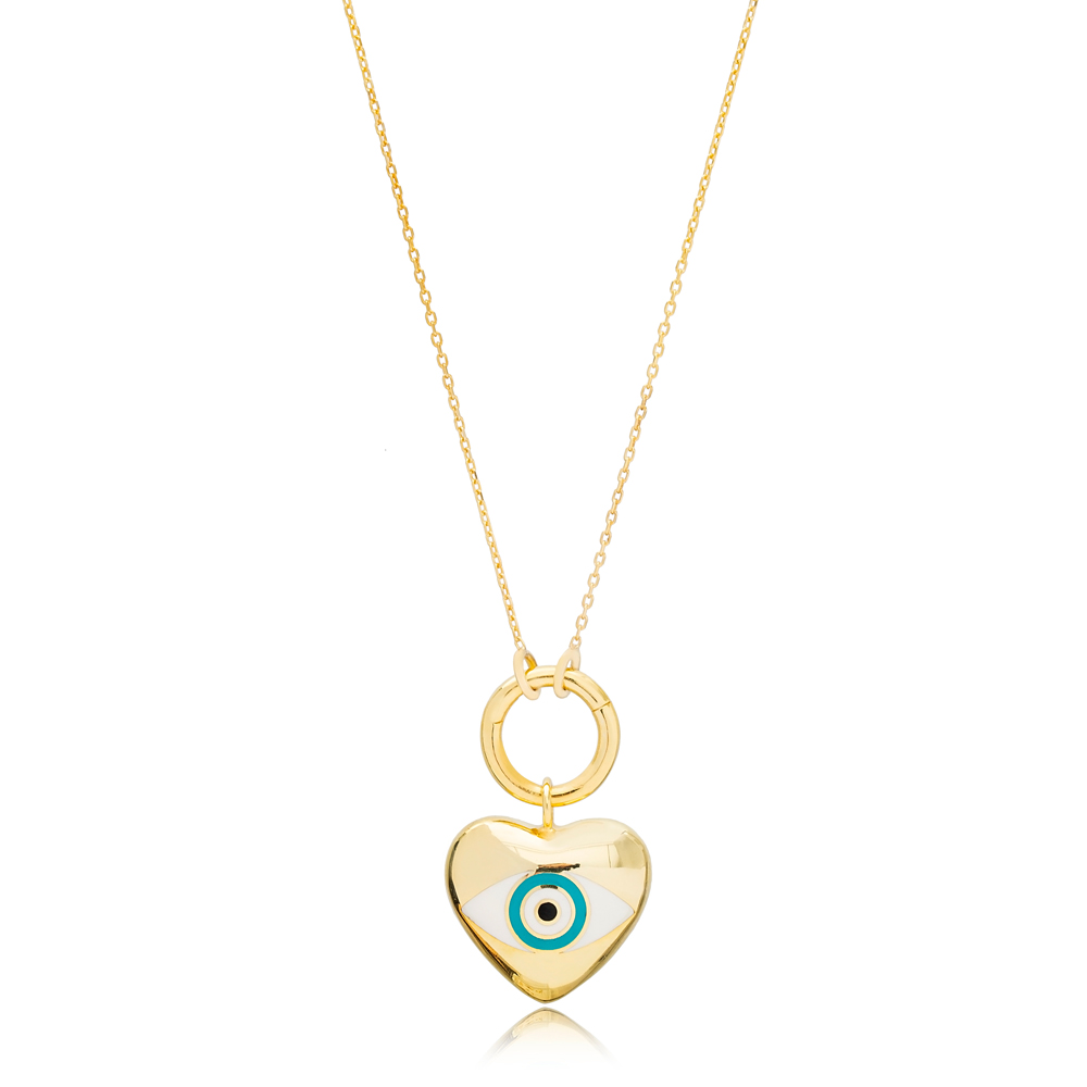 High Quality Enamel Heart and Evil Eye Charm Necklace Wholesale Handmade 925 Sterling Silver Jewelry