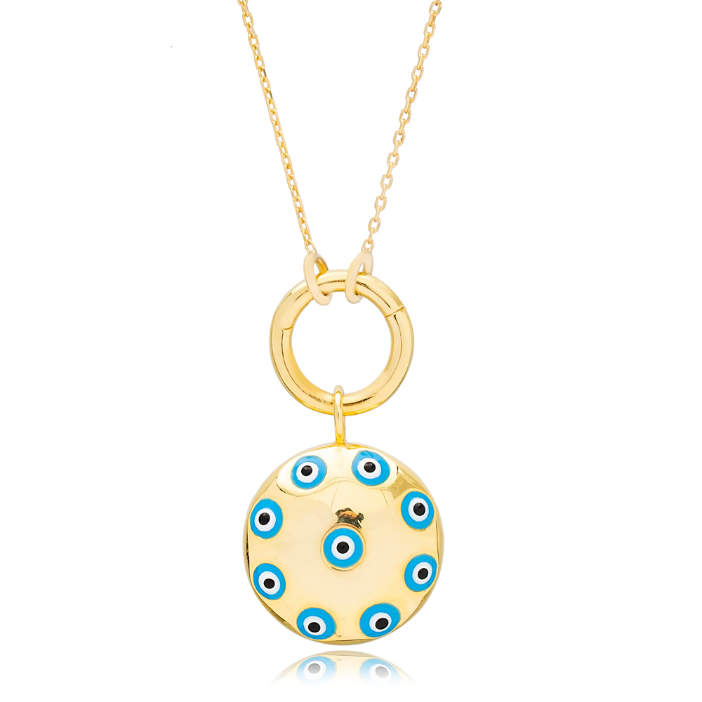 Round Multi Enamel Evil Eye Collapsible Hollow Charm Necklace Wholesale Handmade 925 Sterling Silver Jewelry