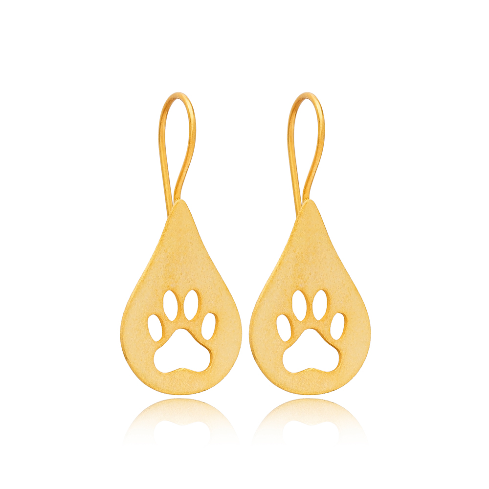Pear Shape Paw Design 22K Gold Plated Hook Earrings Handcrafted Turkish Wholesale 925 Sterling Silver Jewelry