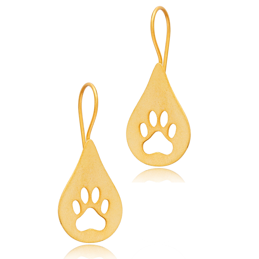 Pear Shape Paw Design 22K Gold Plated Hook Earrings Handcrafted Turkish Wholesale 925 Sterling Silver Jewelry